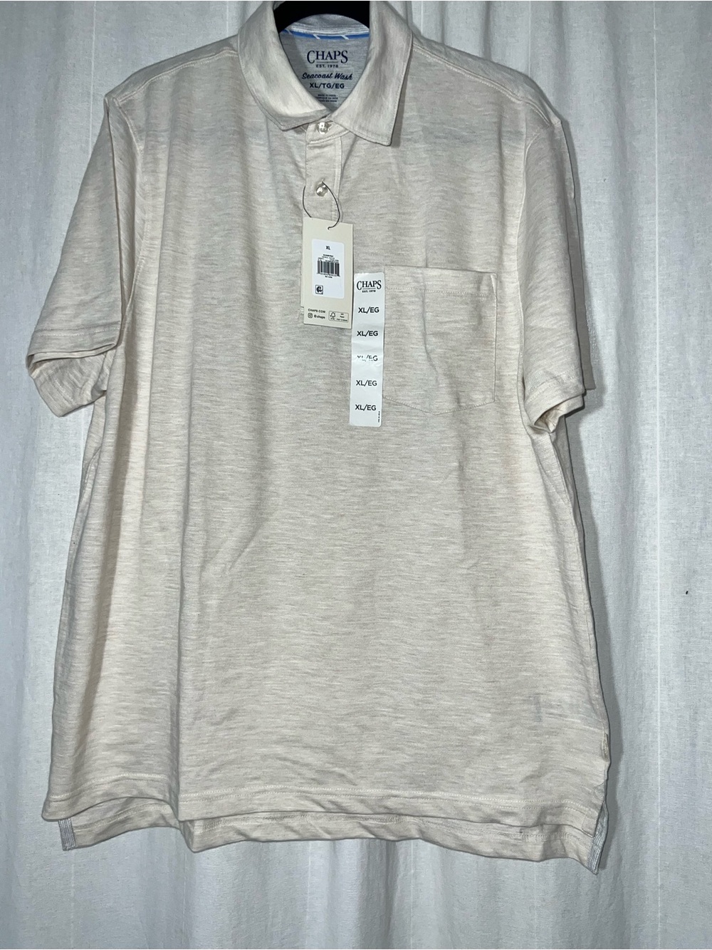 Chaps Men's Light Cream Short Sleeve Polo with Chest Pocket
